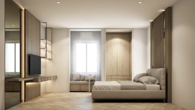 构建室内设计现代经典风格的卧室，白色木材和金色钢纹理，灰色家具床套，带窗户和木地板上的透明窗帘，3d