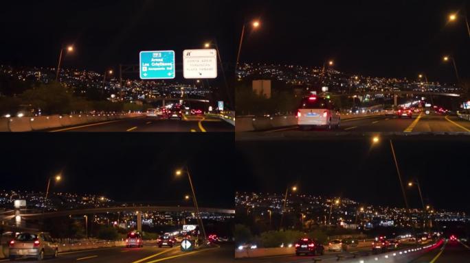夜间在繁忙的高速公路上行驶的汽车视点