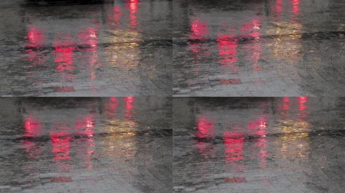 标志注意潮湿的地板，下雨的天气，雨水从天上降到城市的水泥地板上，并在雨季使地板湿润