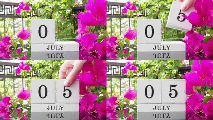 一个木制日历，有一个重要的活动，7月5日在一张有芙蓉花的桌子上，女人的手在日历上设定了日期。将日历翻