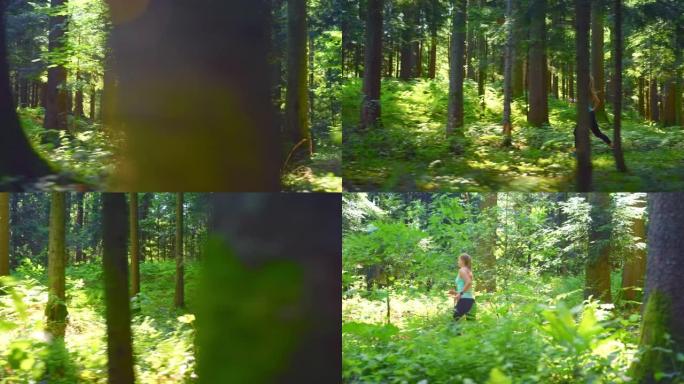 在阳光明媚的森林中奔跑的白人妇女