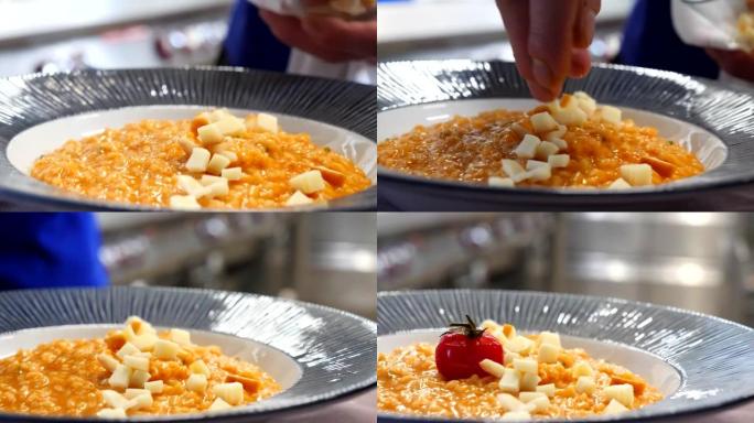 厨师在一碗意大利调味饭中加入奶酪的详细照片
