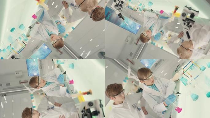 好奇的男孩进行科学实验。实验室内部，沸腾，泡沫液体