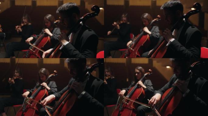 歌剧院交响乐团的排练，大提琴演奏者在爱乐音乐厅现场演奏