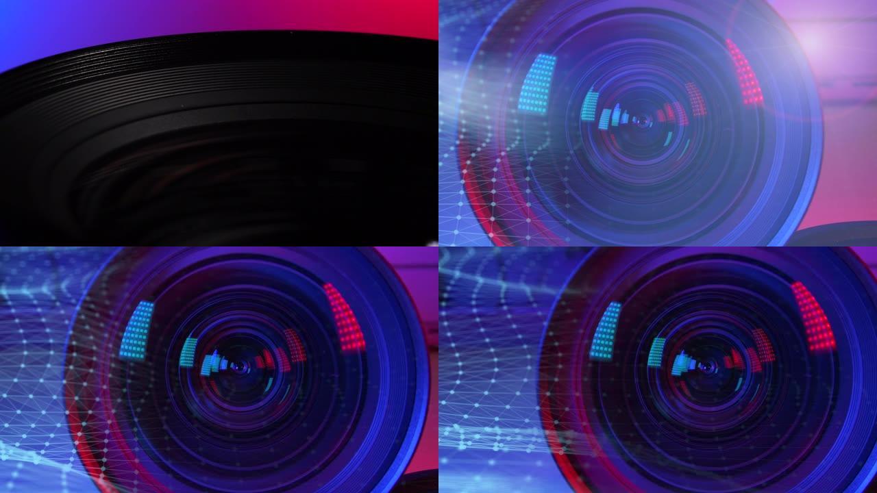 相机镜头装饰有颜色和电脑蜘蛛网线。