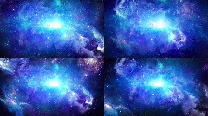 抽象空间背景小行星飞行分形蓝色星云循环动画。