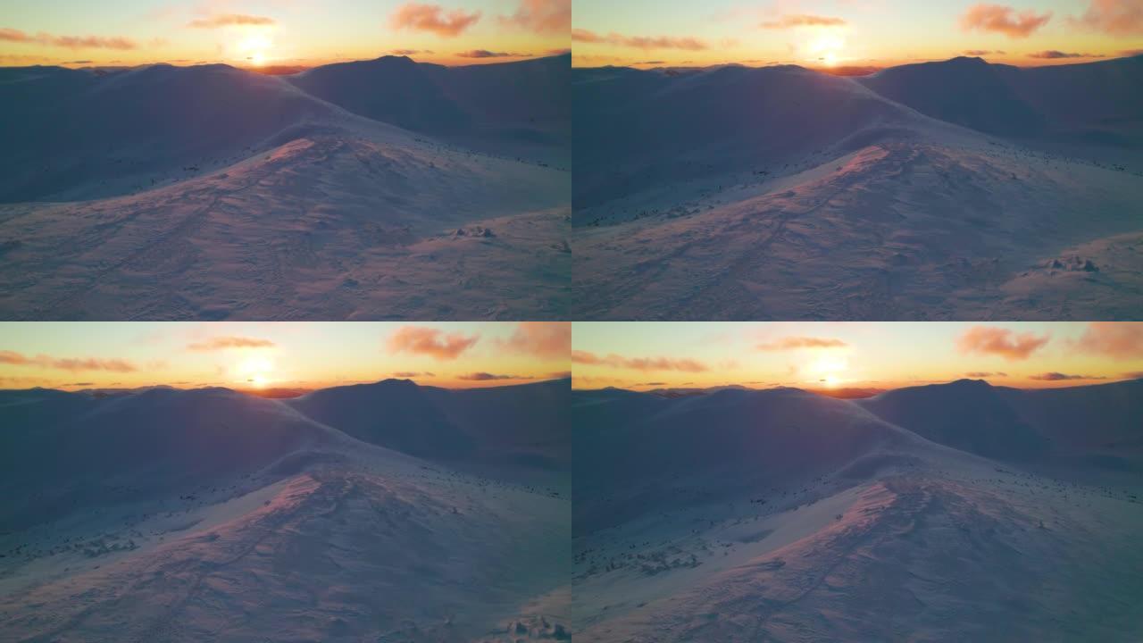 雪山的鸟瞰图夕阳雪山航拍唯美夕阳大气风景