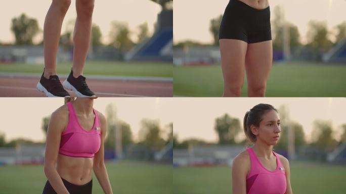 一名年轻的女运动员在体育场的跑步机上热身并为开始短跑比赛做准备