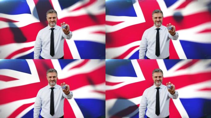 自信的英国政客显示投票按钮，国旗背景，选举