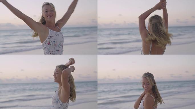 诱人的女人在镜头前跳舞和摆姿势。海滩上阳光明媚的日子