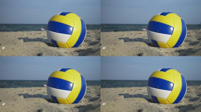 排球站在沙滩上的沙滩上，在风中轻轻摇晃