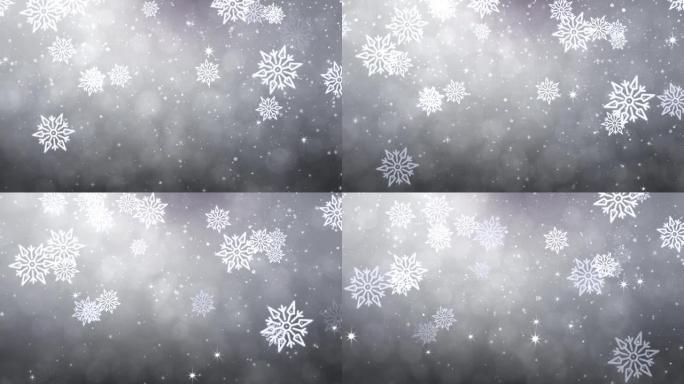 4k雪落在白色的天空，在冬季圣诞节循环背景中带有蓝色颗粒。