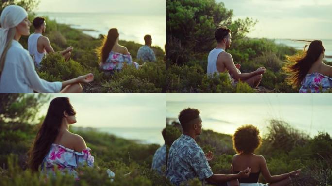 日落时分，一群不同的朋友坐在草崖上。在莲花位置冥想