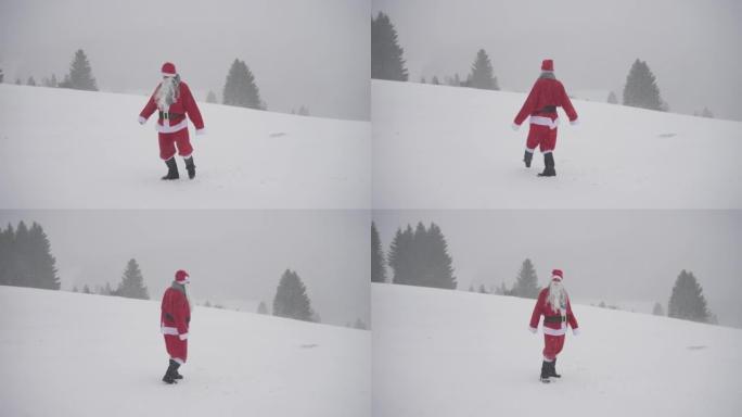 男子打扮成圣诞老人在暴风雪中旋转