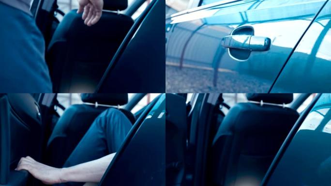 一名男子乘客打开蓝色车门，坐在后座并关闭车门