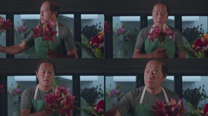 花店的一名小型企业员工创造了一束鲜花传讯。一位亚裔美国企业家为客户创造工匠花束