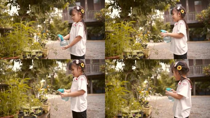 亚洲女孩通过给植物浇水来照顾花盆中的植物