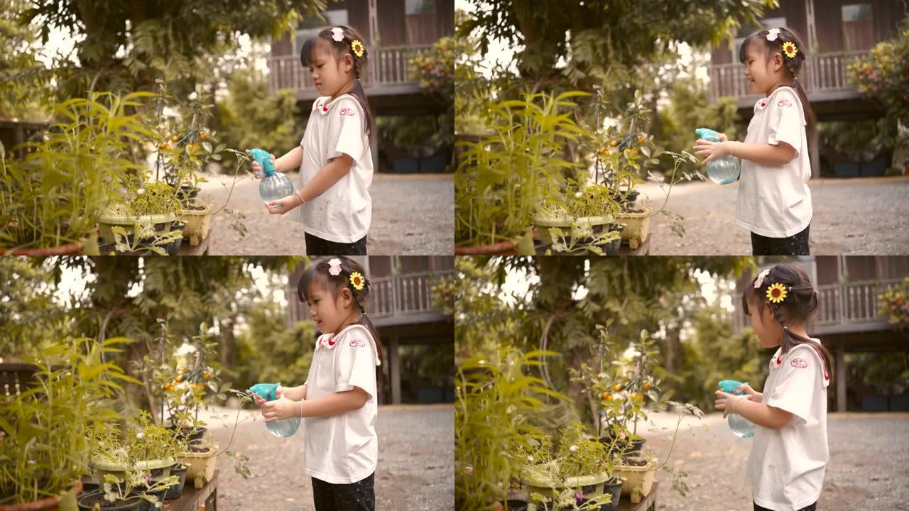 亚洲女孩通过给植物浇水来照顾花盆中的植物