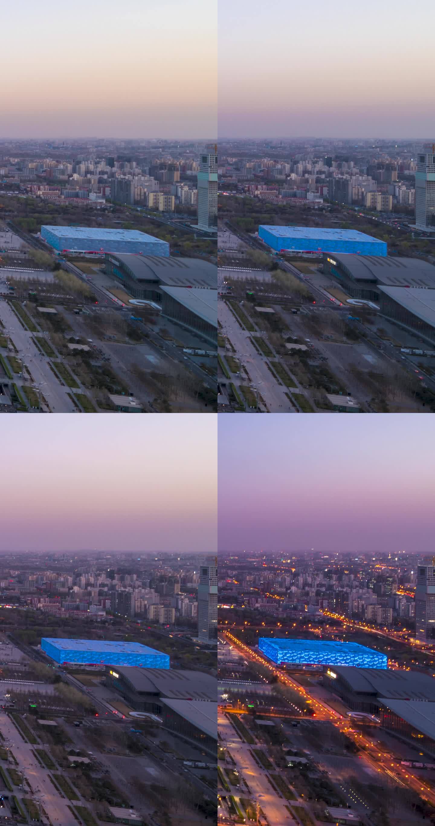 北京奥运村鸟巢水立方日转夜延时摄影-竖向