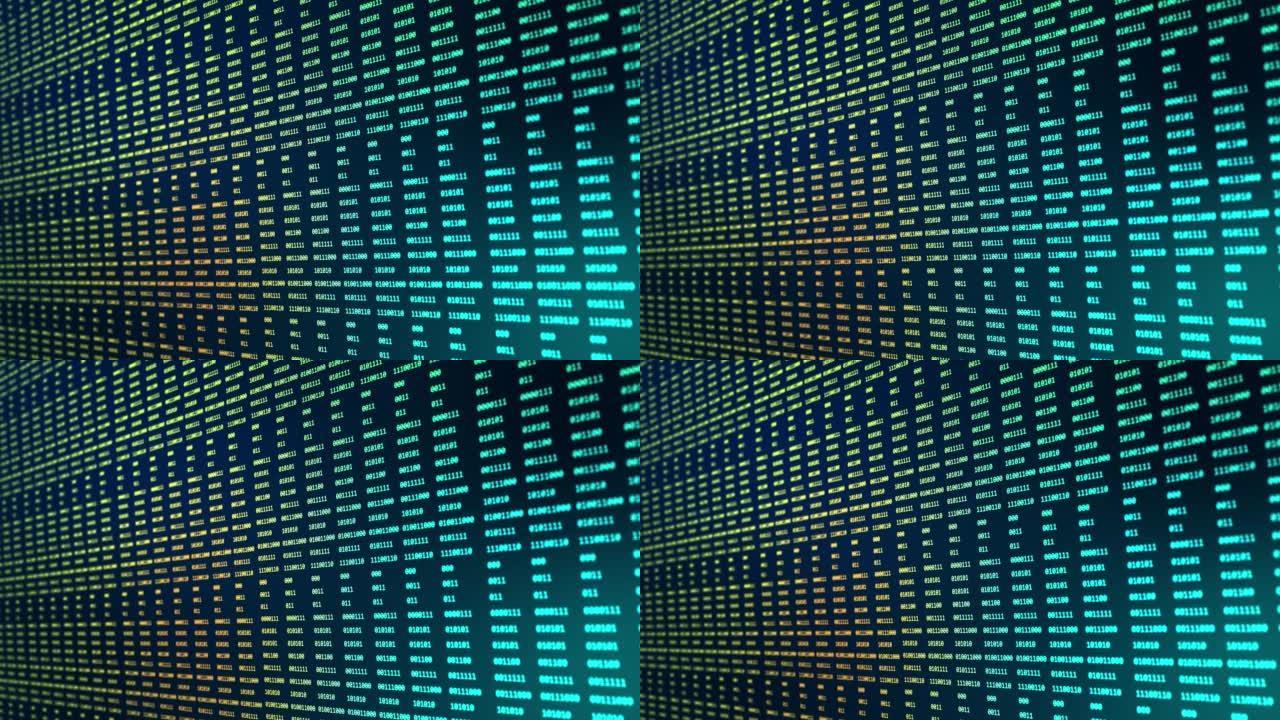 蓝色大数据数字代码在未来技术计算机循环背景下运行大型机。