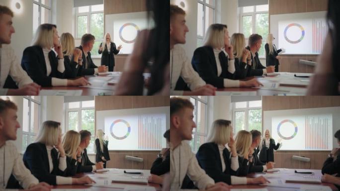 商人正在商业论坛或研讨会上听取女性金融分析师的报告