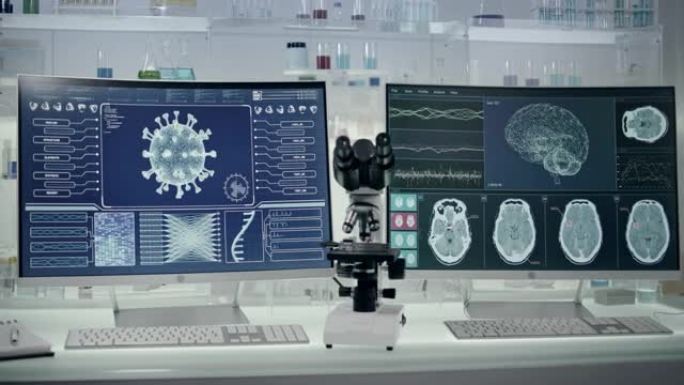 未来实验室设备-冠状病毒测试。研究病毒对大脑的损伤
