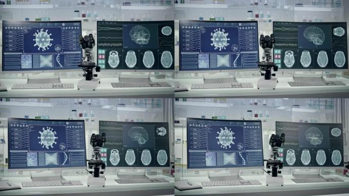 未来实验室设备-冠状病毒测试。研究病毒对大脑的损伤