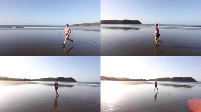 年轻女子沿着空旷的海滩奔跑，穿过浅滩