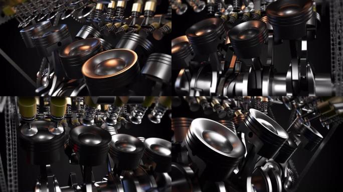 动力饥饿的V8发动机精确工作。运动中的喷油器和活塞。