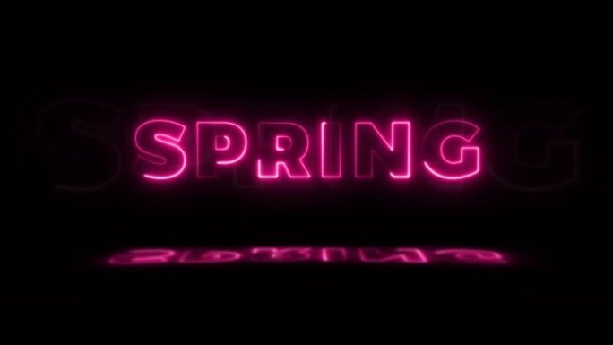 霓虹灯发光的单词 “spring” 在黑色背景上，在地板上有反射。无缝循环运动图形中的霓虹灯发光标志