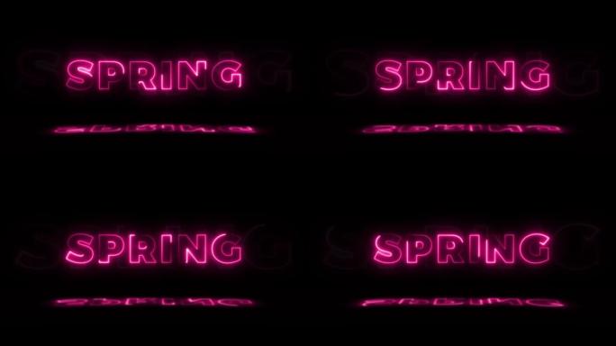 霓虹灯发光的单词 “spring” 在黑色背景上，在地板上有反射。无缝循环运动图形中的霓虹灯发光标志