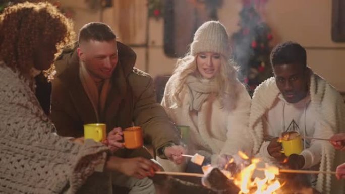 冬夜篝火上快乐的多民族烤棉花糖，朋友的圣诞快乐派对