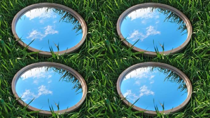 多云的蓝天反射在夏天的草地上的圆形木镜中。自然概念。地球日。节省环境。和平。生态保护。气候变化、全球