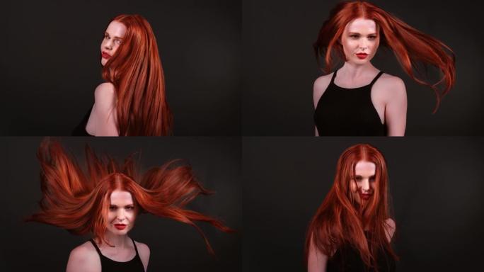 美丽的红发女人，留着健康的长发。诱人的镜头