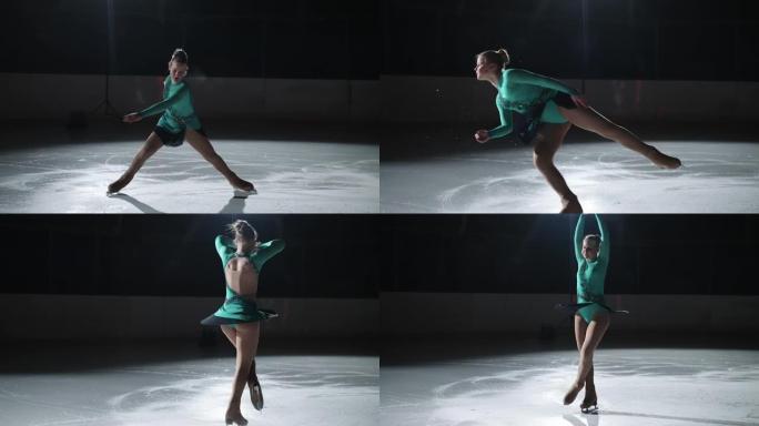 女孩在训练中表演蝴蝶跳跃。一名专业的女子花样滑冰运动员完美地表演了复杂的花样滑冰元素。才华横溢的花样