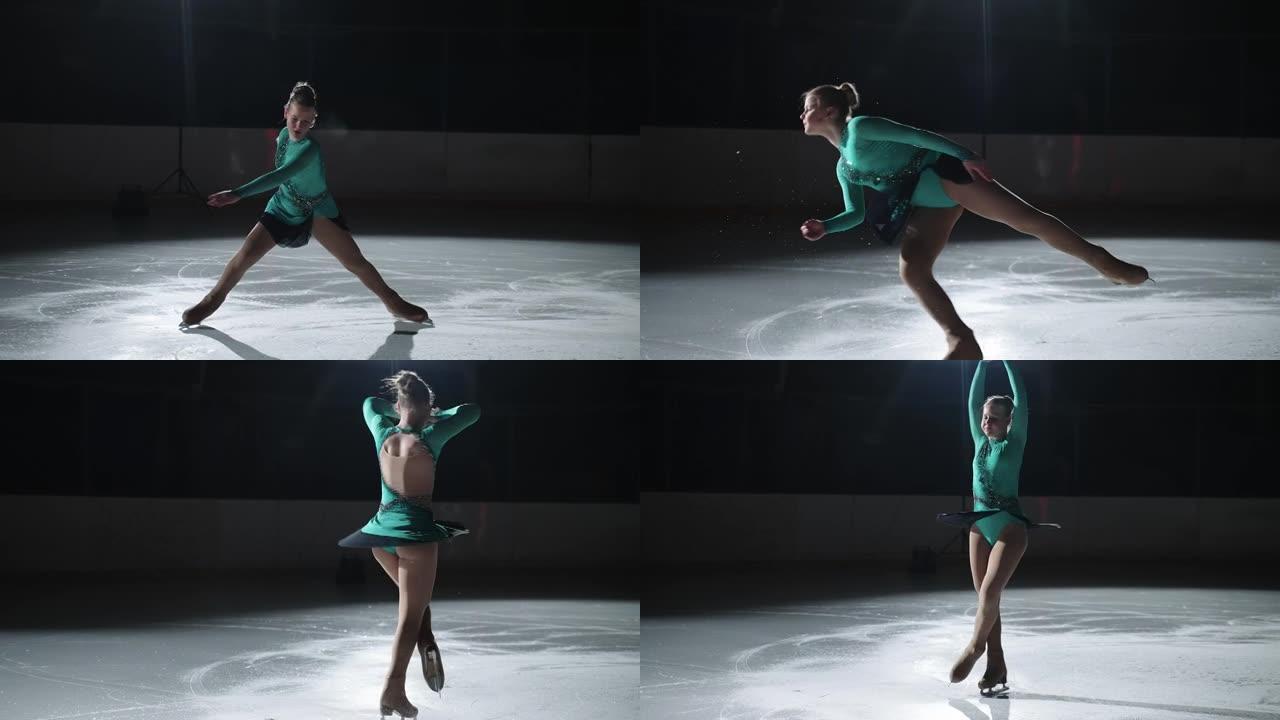 女孩在训练中表演蝴蝶跳跃。一名专业的女子花样滑冰运动员完美地表演了复杂的花样滑冰元素。才华横溢的花样