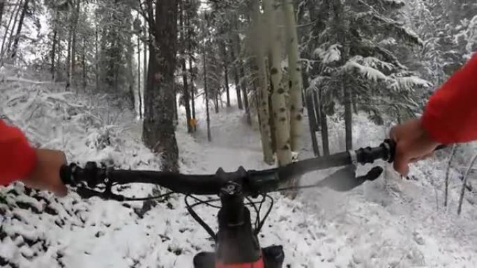 白雪皑皑森林步道上的e山自行车第一人称视角