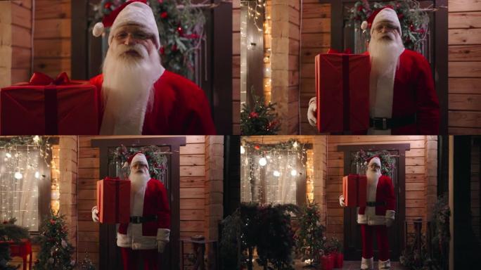 圣诞老人看着相机，进入屋子在冬天的圣诞树下留下礼物。12月，相机从肖像移到了总体计划