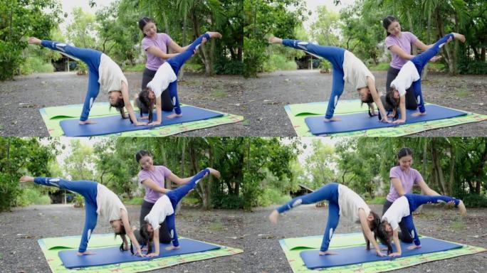 亚洲儿童瑜伽在绿色自然的房子里。