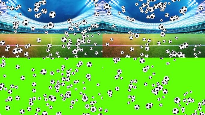 4K 3D动画足球。落在绿色屏幕背景上的球旋转循环。