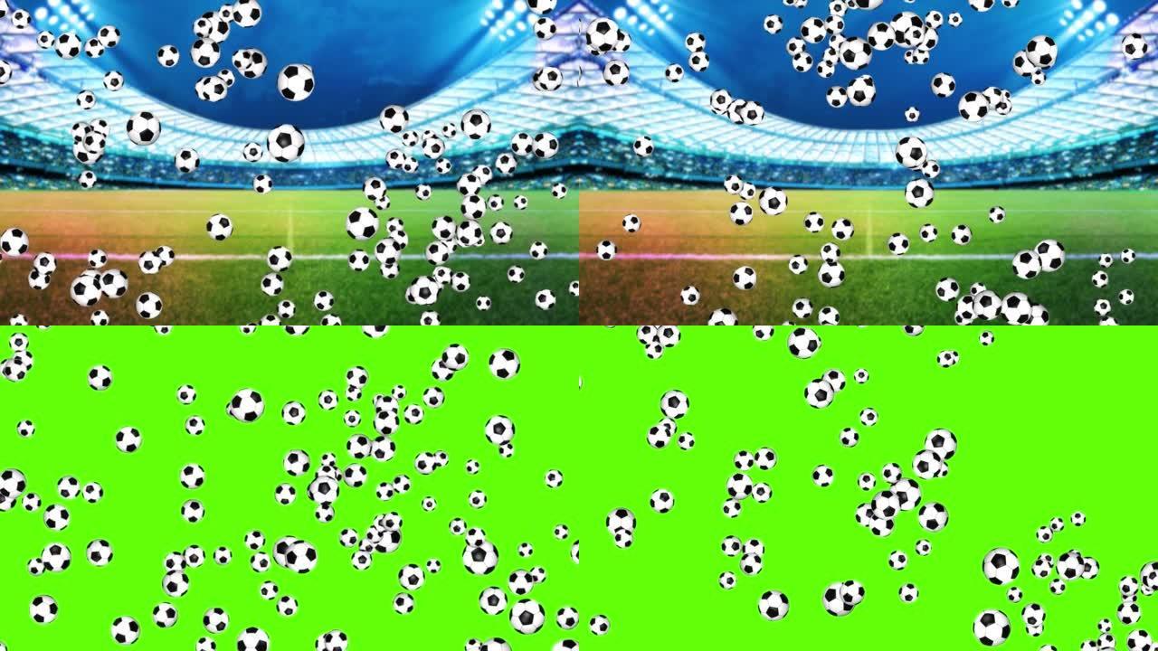 4K 3D动画足球。落在绿色屏幕背景上的球旋转循环。