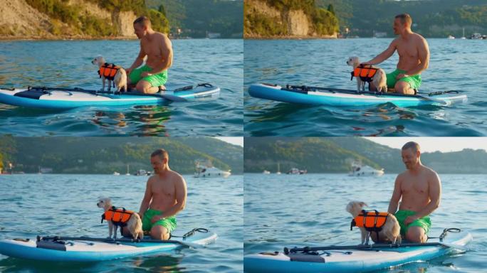 在阳光明媚的日子里，SLO MO Man和他的狗坐在海上的桨板上