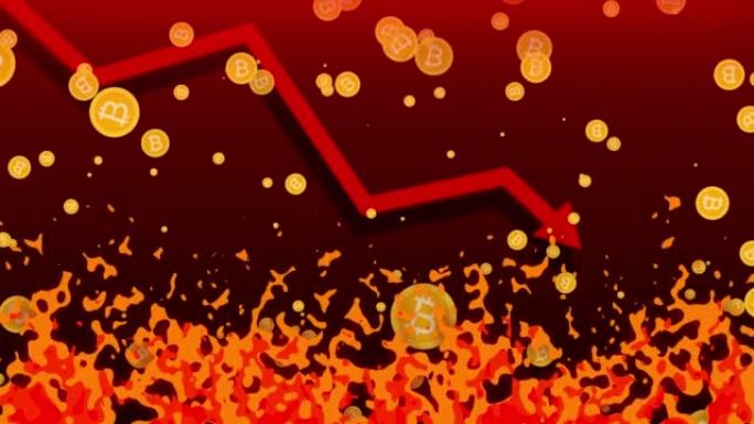比特币和加密货币落入火中的图形动画。加密货币和比特币危机，市场上比特币价值急剧下降。