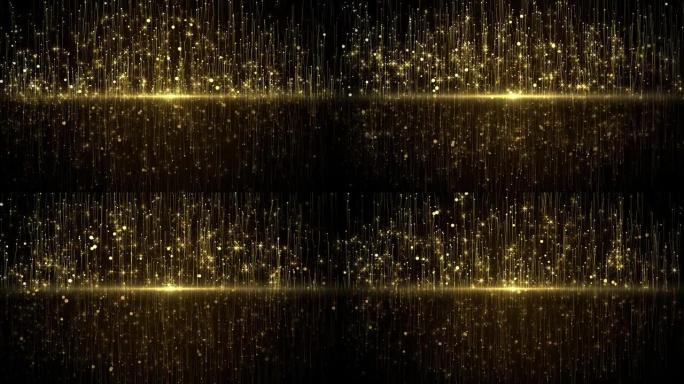 4k金粒子奖背景是一种运动图形。奢华的黄金颗粒向前移动。
