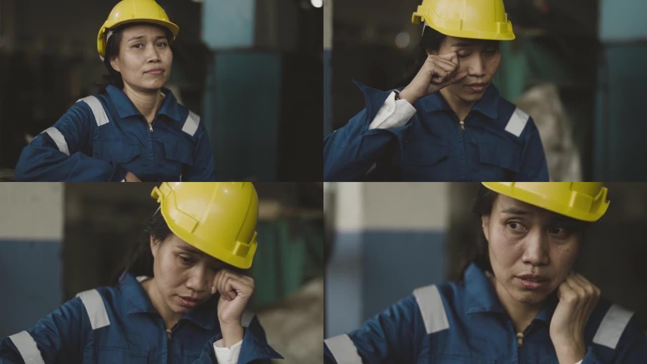 亚洲女工人哭着，崩溃着，发生了可怕的事情