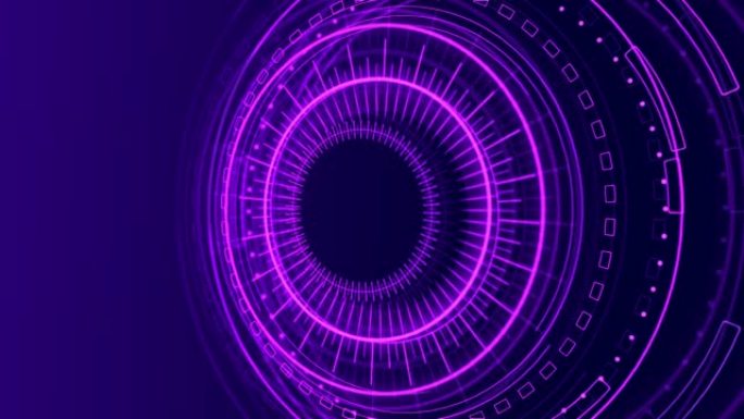 4k蓝紫色全息图HUD圆接口循环动画。数字数据网络保护，