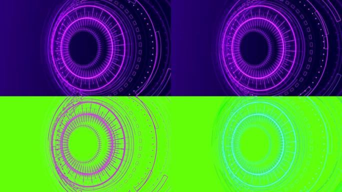 4k蓝紫色全息图HUD圆接口循环动画。数字数据网络保护，