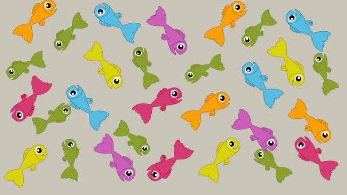 灰色和绿色背景上随机运动的几条鱼-动画