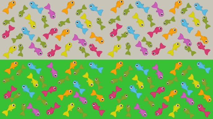 灰色和绿色背景上随机运动的几条鱼-动画