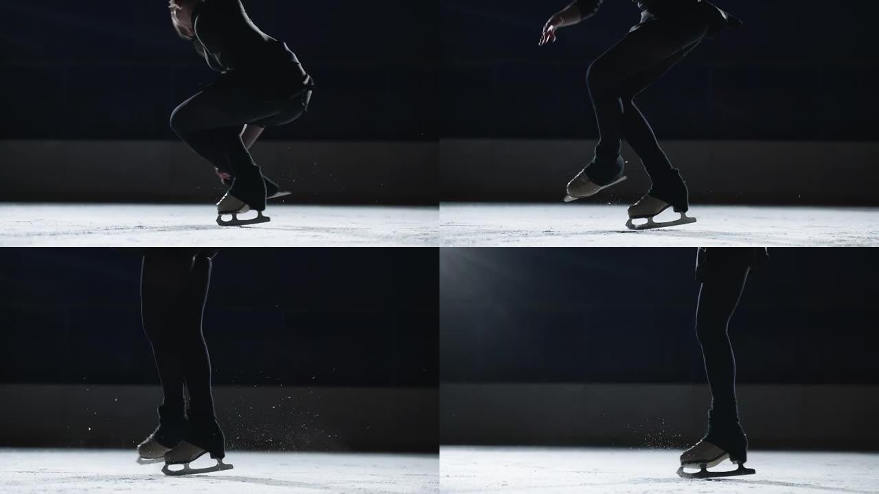 慢动作: 年轻的女性艺术花样滑冰运动员的电影镜头在比赛开始前在溜冰场上表演女子的单人滑舞蹈。自由概念